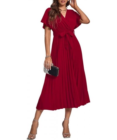 Women's Wrap V Neck Flutter Short Sleeve Tie Waist Ruffle Pleated A-line Midi Dress Wine Red $22.87 Dresses