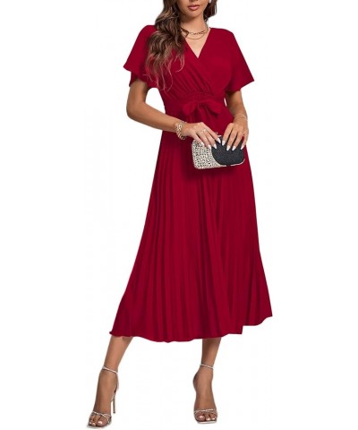 Women's Wrap V Neck Flutter Short Sleeve Tie Waist Ruffle Pleated A-line Midi Dress Wine Red $22.87 Dresses