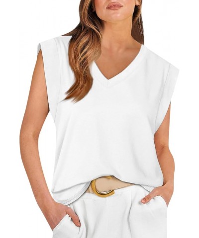 Cap Sleeve Tops for Women Summer V Neck Tank Top 2024 Casual Loose Fit White $6.50 Tanks