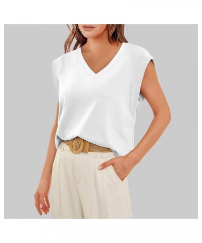 Cap Sleeve Tops for Women Summer V Neck Tank Top 2024 Casual Loose Fit White $6.50 Tanks