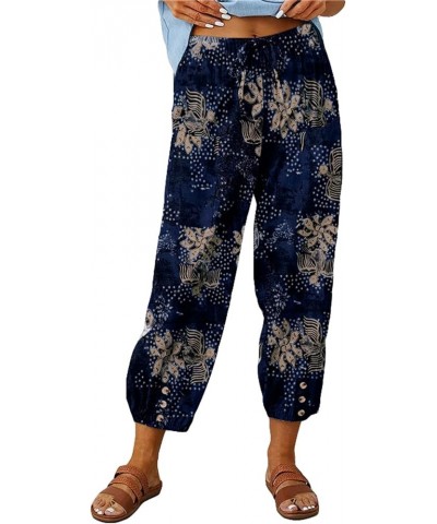 Womens Linen Capri Pants Drawstring Cinch Bottom with Button Wide Leg Ankle Cropped Trousers Retro Print Pants 2X E $20.17 Pants