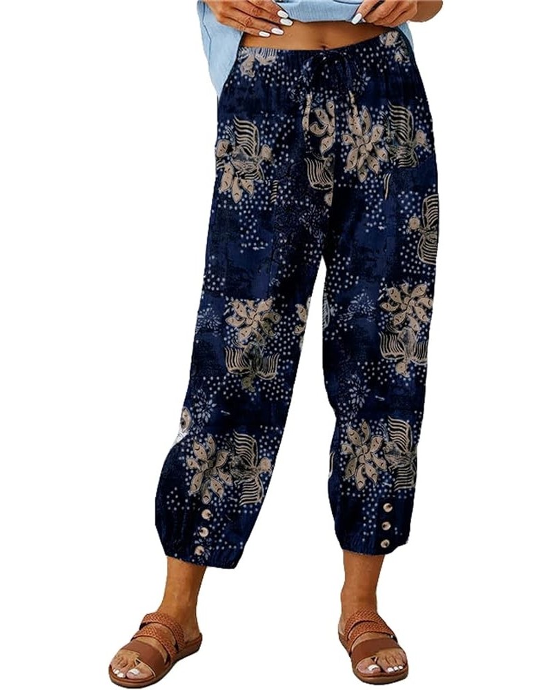 Womens Linen Capri Pants Drawstring Cinch Bottom with Button Wide Leg Ankle Cropped Trousers Retro Print Pants 2X E $20.17 Pants