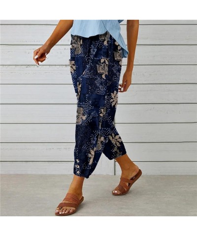 Womens Linen Capri Pants Drawstring Cinch Bottom with Button Wide Leg Ankle Cropped Trousers Retro Print Pants 2X E $20.17 Pants