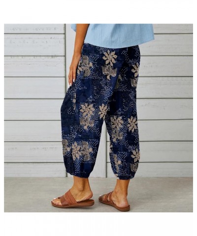 Womens Linen Capri Pants Drawstring Cinch Bottom with Button Wide Leg Ankle Cropped Trousers Retro Print Pants 2X E $20.17 Pants