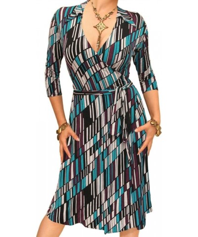 Women's Printed Collared Wrap Dress Teal and Purple $36.55 Dresses