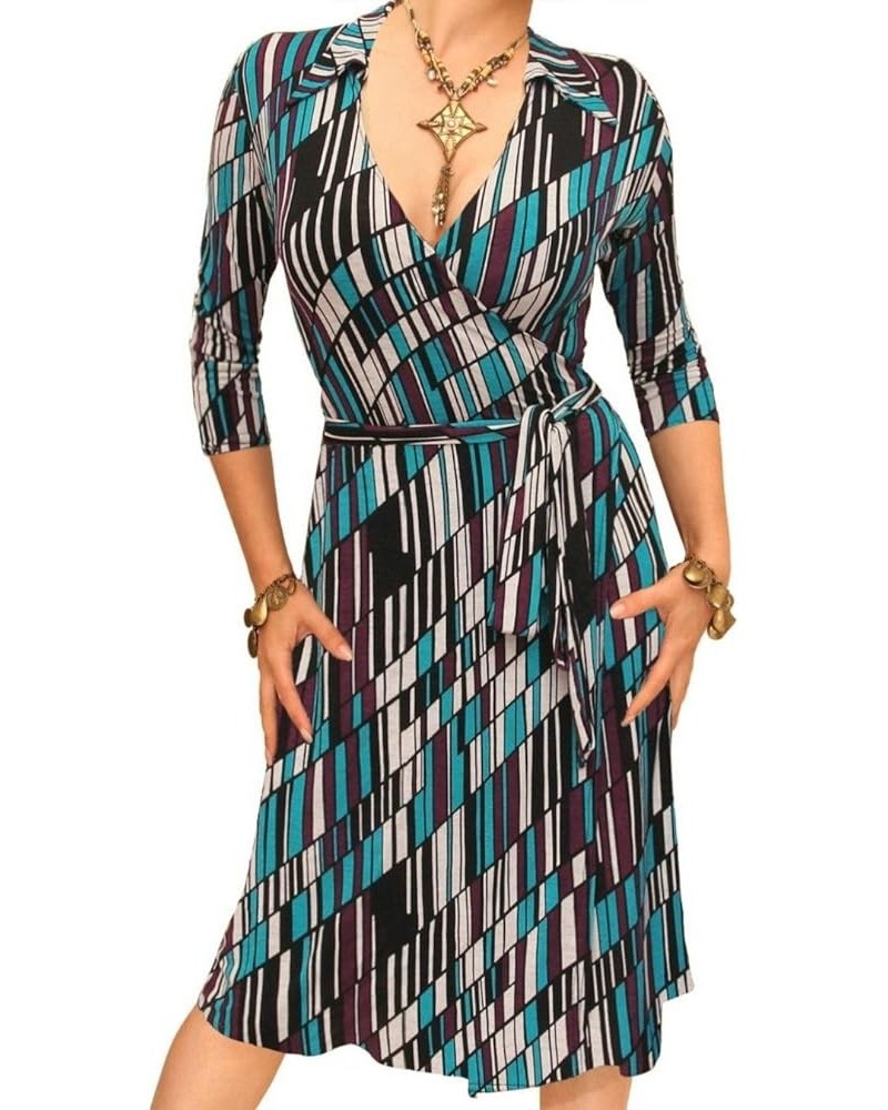 Women's Printed Collared Wrap Dress Teal and Purple $36.55 Dresses