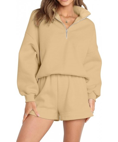 2024 2 Piece Trendy Outfits for Women Comfy Half Zip Collared Long Sleeve Shorts Sweatsuits Lounge Sets Sand $19.23 Activewear