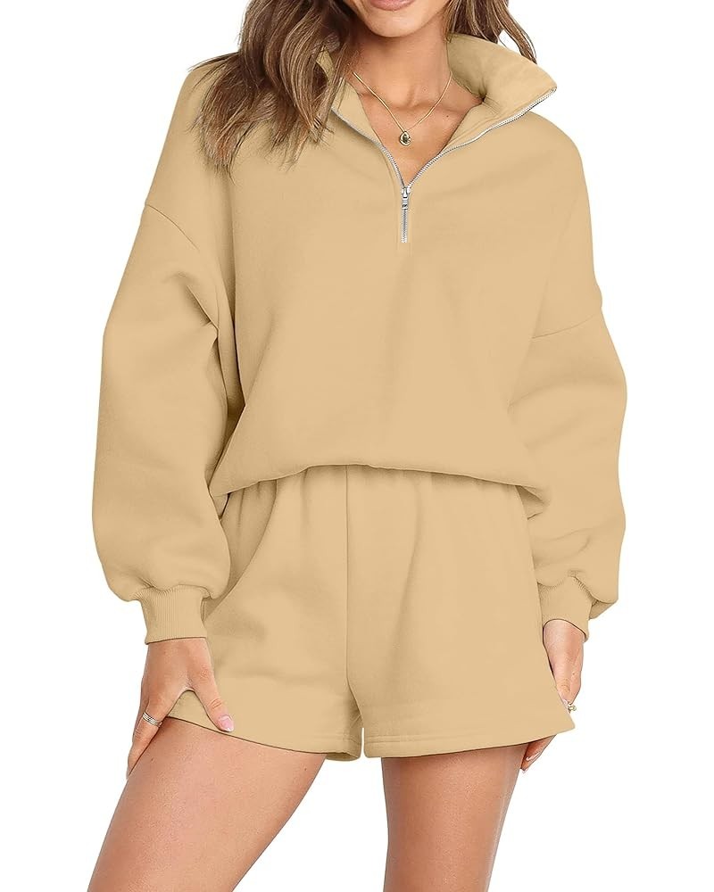 2024 2 Piece Trendy Outfits for Women Comfy Half Zip Collared Long Sleeve Shorts Sweatsuits Lounge Sets Sand $19.23 Activewear