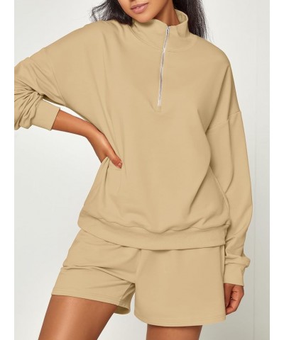 2024 2 Piece Trendy Outfits for Women Comfy Half Zip Collared Long Sleeve Shorts Sweatsuits Lounge Sets Sand $19.23 Activewear