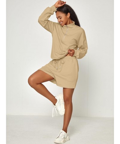 2024 2 Piece Trendy Outfits for Women Comfy Half Zip Collared Long Sleeve Shorts Sweatsuits Lounge Sets Sand $19.23 Activewear