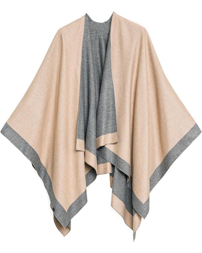 Women's Shawl Wrap Poncho Ruana Cape Cardigan Sweater Open Front for Spring Summer Fall Border Color Designs - Beige and Gray...