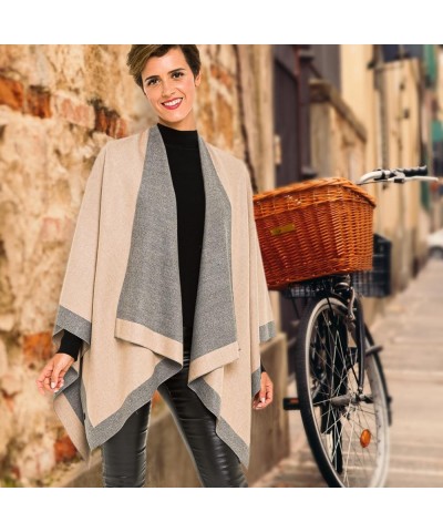 Women's Shawl Wrap Poncho Ruana Cape Cardigan Sweater Open Front for Spring Summer Fall Border Color Designs - Beige and Gray...