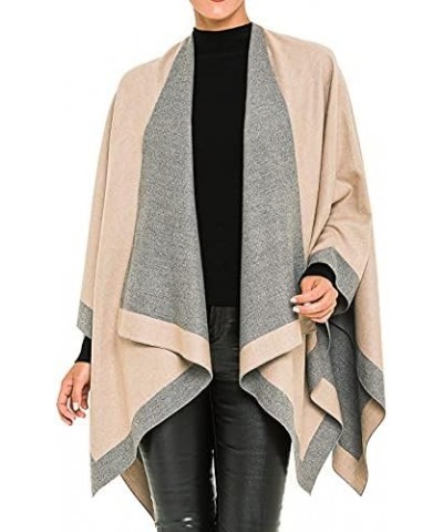 Women's Shawl Wrap Poncho Ruana Cape Cardigan Sweater Open Front for Spring Summer Fall Border Color Designs - Beige and Gray...