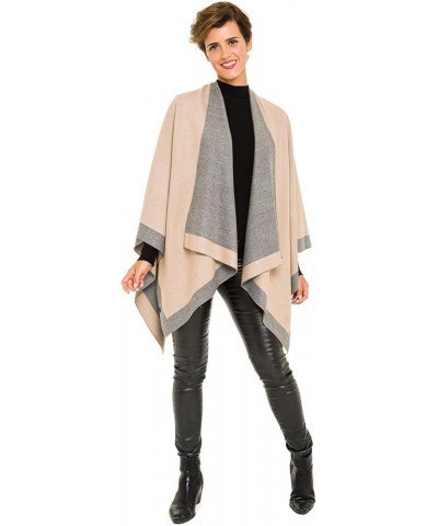 Women's Shawl Wrap Poncho Ruana Cape Cardigan Sweater Open Front for Spring Summer Fall Border Color Designs - Beige and Gray...