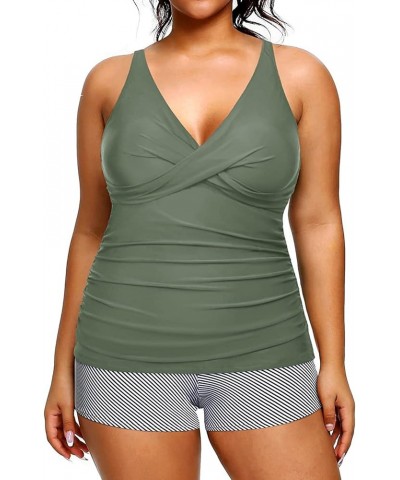 Plus Size Tankini with Shorts Two Piece Swimsuits Tummy Control Bathing Suits for Women Slimming Swimwear Army Green $16.20 S...