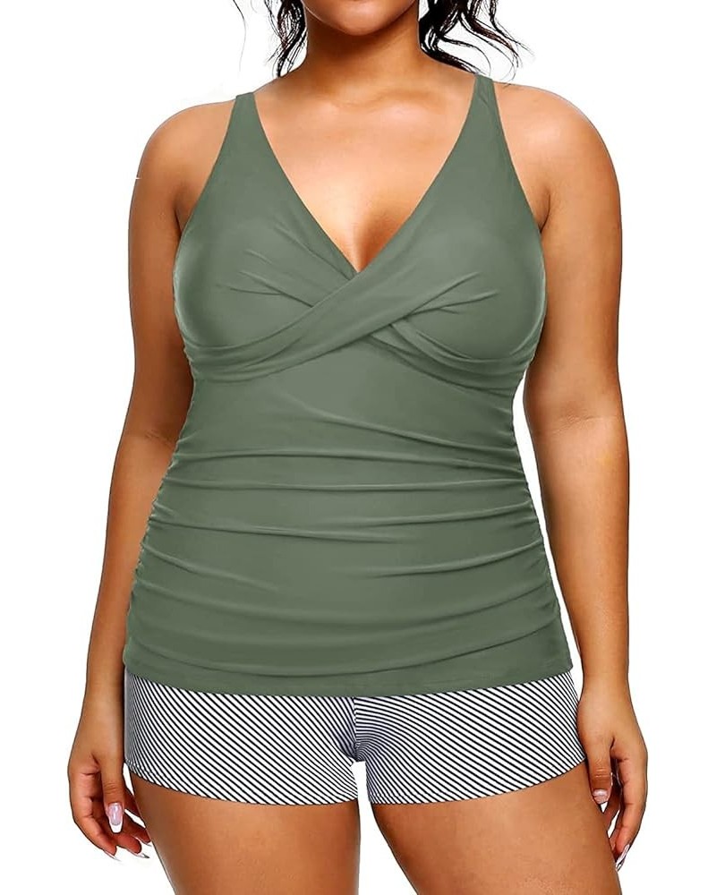 Plus Size Tankini with Shorts Two Piece Swimsuits Tummy Control Bathing Suits for Women Slimming Swimwear Army Green $16.20 S...