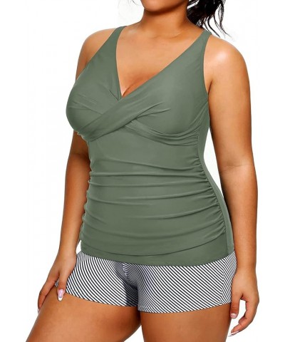 Plus Size Tankini with Shorts Two Piece Swimsuits Tummy Control Bathing Suits for Women Slimming Swimwear Army Green $16.20 S...