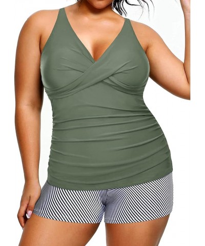 Plus Size Tankini with Shorts Two Piece Swimsuits Tummy Control Bathing Suits for Women Slimming Swimwear Army Green $16.20 S...