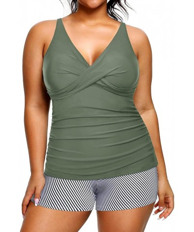 Plus Size Tankini with Shorts Two Piece Swimsuits Tummy Control Bathing Suits for Women Slimming Swimwear Army Green $16.20 S...