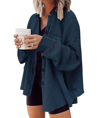 Womens Waffle Knit Shirt Button Down Long Sleeve Lightweight Slouchy Boyfriend Blouse Shacket Tops Blue $22.95 Blouses