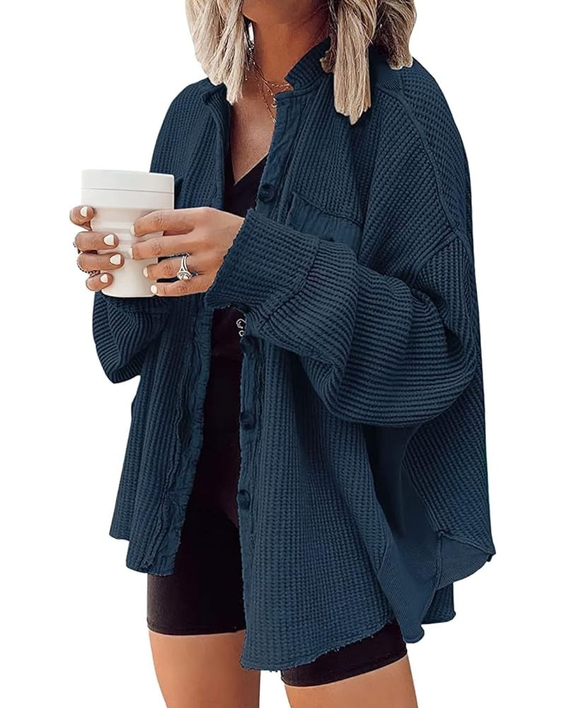 Womens Waffle Knit Shirt Button Down Long Sleeve Lightweight Slouchy Boyfriend Blouse Shacket Tops Blue $22.95 Blouses