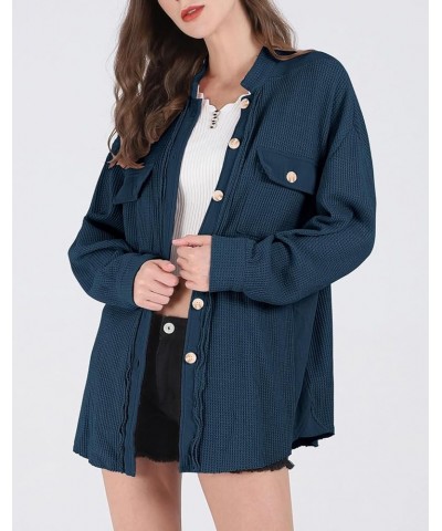 Womens Waffle Knit Shirt Button Down Long Sleeve Lightweight Slouchy Boyfriend Blouse Shacket Tops Blue $22.95 Blouses