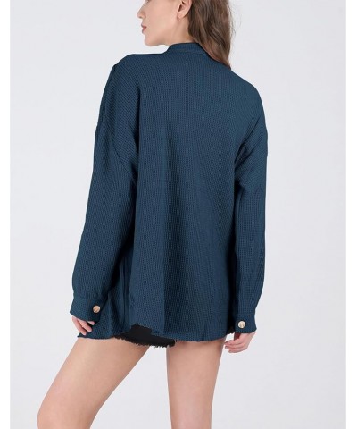 Womens Waffle Knit Shirt Button Down Long Sleeve Lightweight Slouchy Boyfriend Blouse Shacket Tops Blue $22.95 Blouses