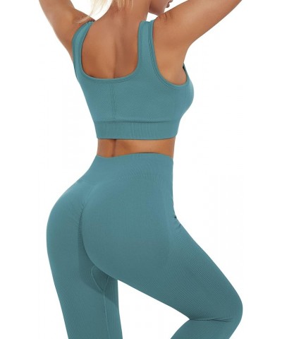 Workout Sets for Women Two Piece Seamless High Waisted Leggings with Padded Sports Bra Sets Blue $10.99 Activewear