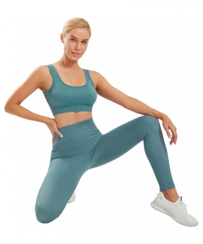 Workout Sets for Women Two Piece Seamless High Waisted Leggings with Padded Sports Bra Sets Blue $10.99 Activewear