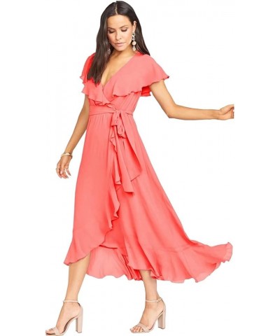 High Low Bridesmaid Dresses 2023 V Neck Flutter Sleeves Formal Party Dress with Pockets RQ09 Coral $35.04 Dresses