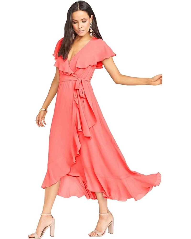 High Low Bridesmaid Dresses 2023 V Neck Flutter Sleeves Formal Party Dress with Pockets RQ09 Coral $35.04 Dresses