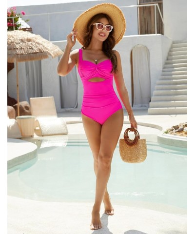 Womens One Piece Swimsuits Tummy Control Cutout Bathing Suits V Neck Color Block Swimwear A-Solid Color Hot Pink050 $11.59 Sw...