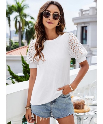 Women's Puff Sleeve Tops Lace Casual Loose Summer Blouses T Shirt White $17.91 Blouses