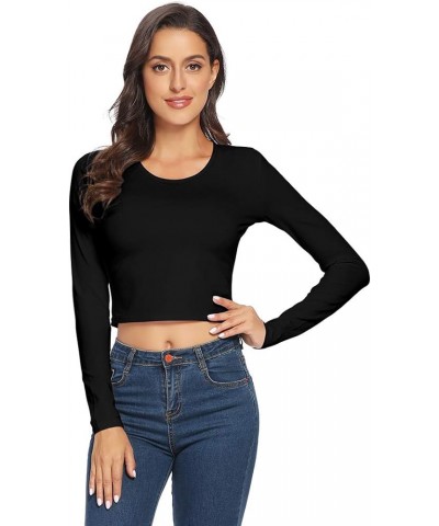 Women's Basic Crew Neck Long Sleeve Crop Top Solid Slim Cotton Crop T-Shirt Black/O-neck $10.00 T-Shirts