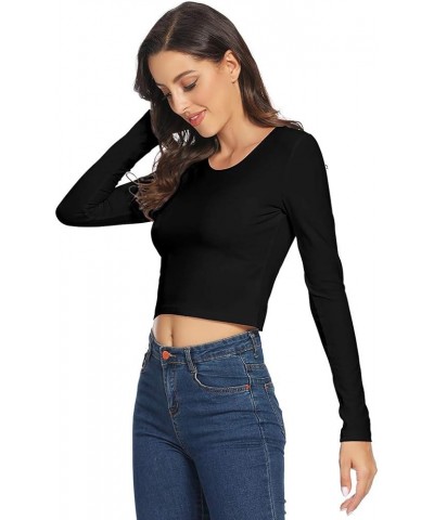 Women's Basic Crew Neck Long Sleeve Crop Top Solid Slim Cotton Crop T-Shirt Black/O-neck $10.00 T-Shirts