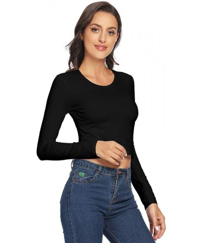 Women's Basic Crew Neck Long Sleeve Crop Top Solid Slim Cotton Crop T-Shirt Black/O-neck $10.00 T-Shirts