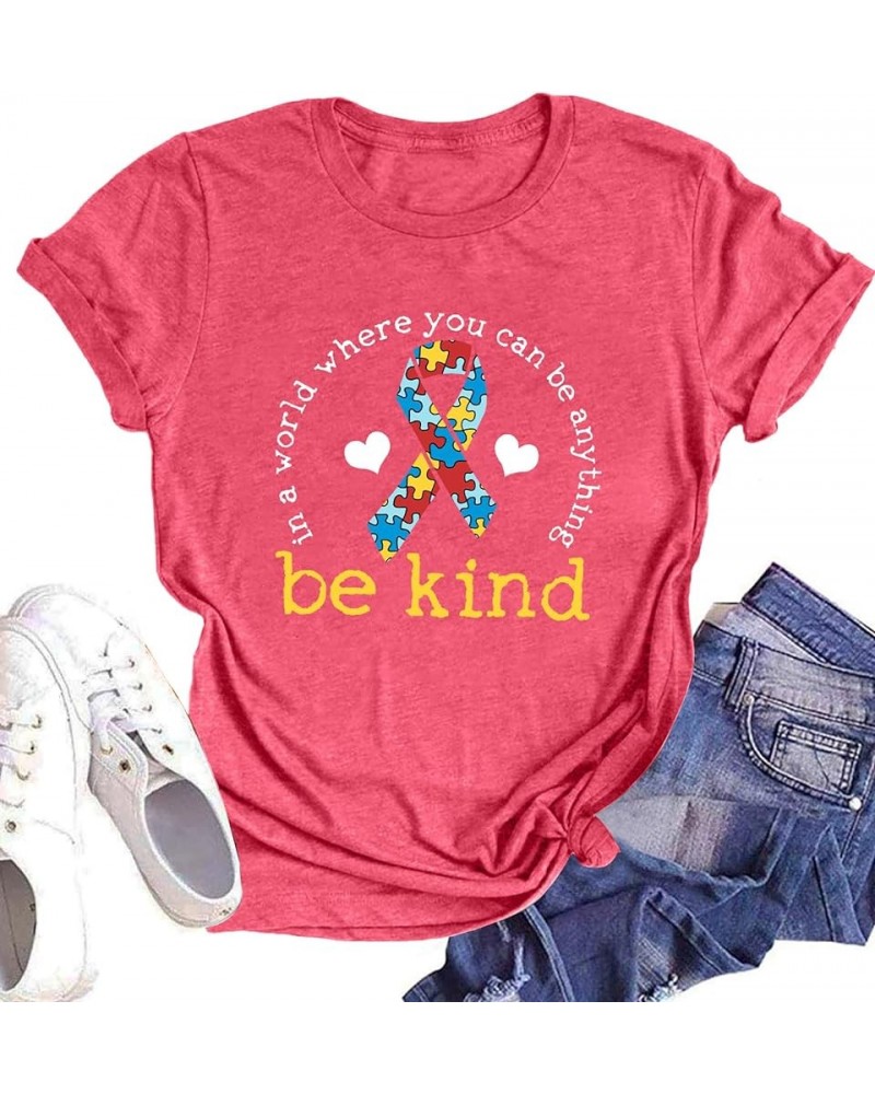 Autism Awareness Shirt Women : Be Kind Autism T Shirts Puzzle Graphic Autistic Support Tee Autism Acceptance Tops Pink $13.73...