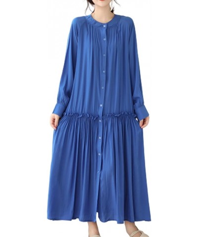 Women's Loose Plain Casual Patchwork Dresses Solid Color Long Sleeve with Pockets Button GA2705 Blue $19.34 Dresses