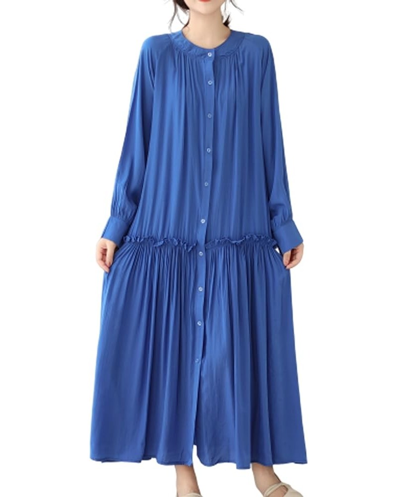 Women's Loose Plain Casual Patchwork Dresses Solid Color Long Sleeve with Pockets Button GA2705 Blue $19.34 Dresses