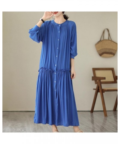 Women's Loose Plain Casual Patchwork Dresses Solid Color Long Sleeve with Pockets Button GA2705 Blue $19.34 Dresses