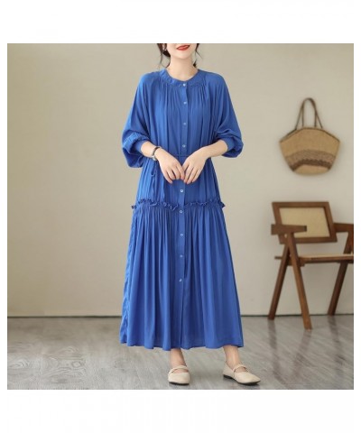 Women's Loose Plain Casual Patchwork Dresses Solid Color Long Sleeve with Pockets Button GA2705 Blue $19.34 Dresses