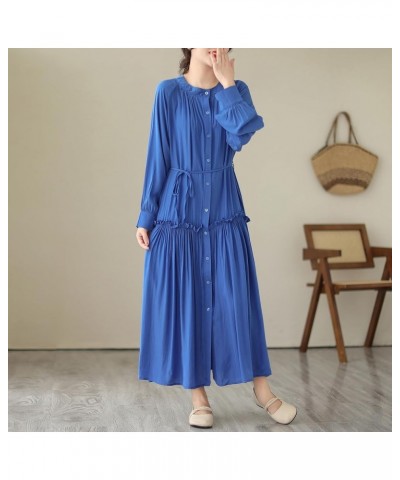 Women's Loose Plain Casual Patchwork Dresses Solid Color Long Sleeve with Pockets Button GA2705 Blue $19.34 Dresses