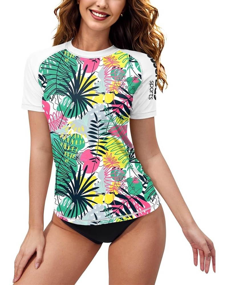 Women's Sun Protection UPF 50+ Short Sleeve Rash Guard Swim Shirt Multicolor | Tropical Leaves $18.23 Swimsuits