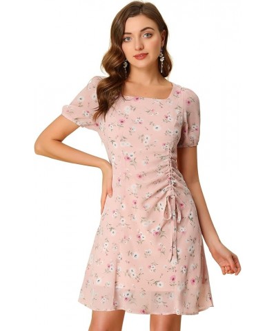 Women's Floral Square Neck Short Sleeve Drawstring Ruched Dress Pink $23.99 Dresses