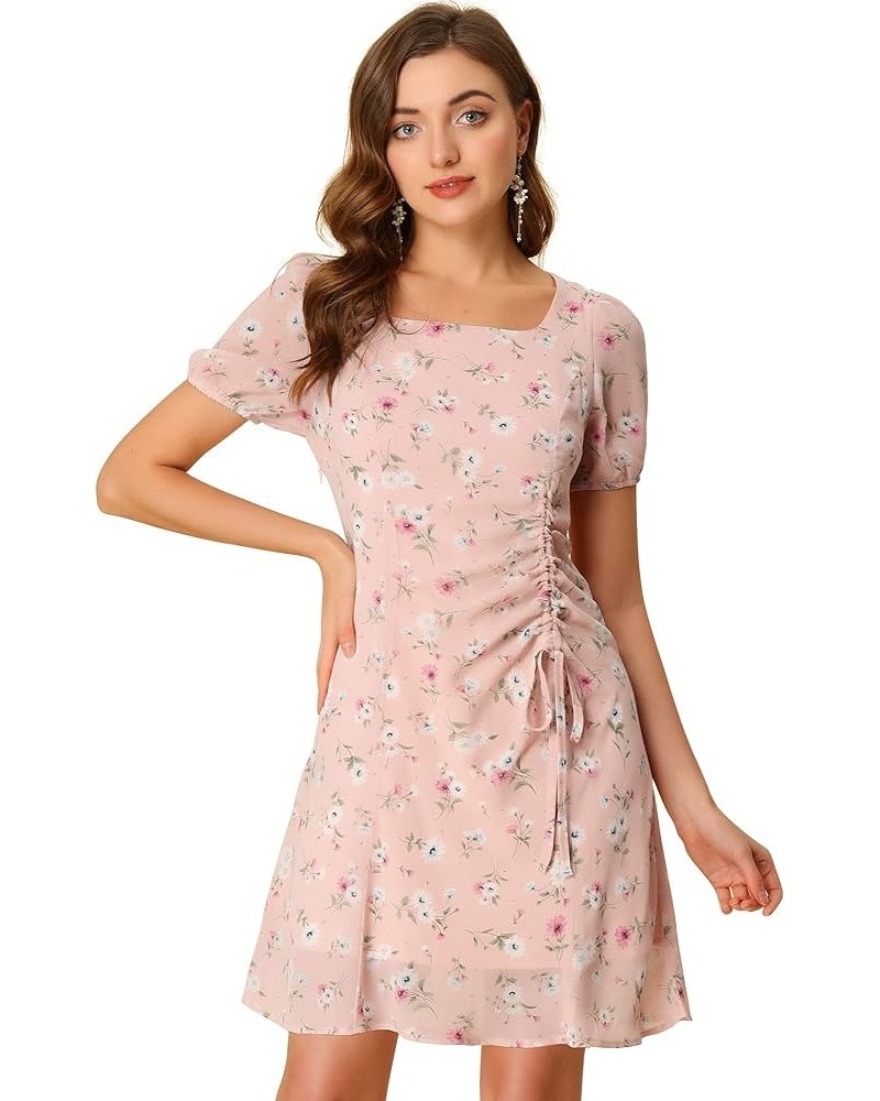 Women's Floral Square Neck Short Sleeve Drawstring Ruched Dress Pink $23.99 Dresses