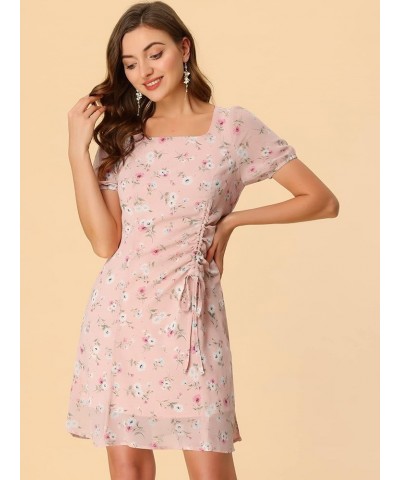 Women's Floral Square Neck Short Sleeve Drawstring Ruched Dress Pink $23.99 Dresses