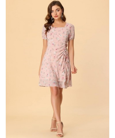 Women's Floral Square Neck Short Sleeve Drawstring Ruched Dress Pink $23.99 Dresses