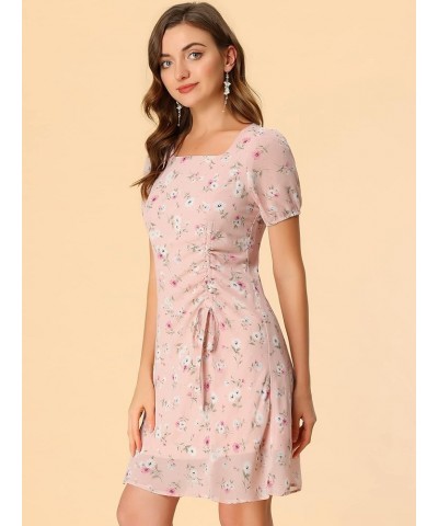 Women's Floral Square Neck Short Sleeve Drawstring Ruched Dress Pink $23.99 Dresses