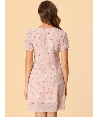 Women's Floral Square Neck Short Sleeve Drawstring Ruched Dress Pink $23.99 Dresses