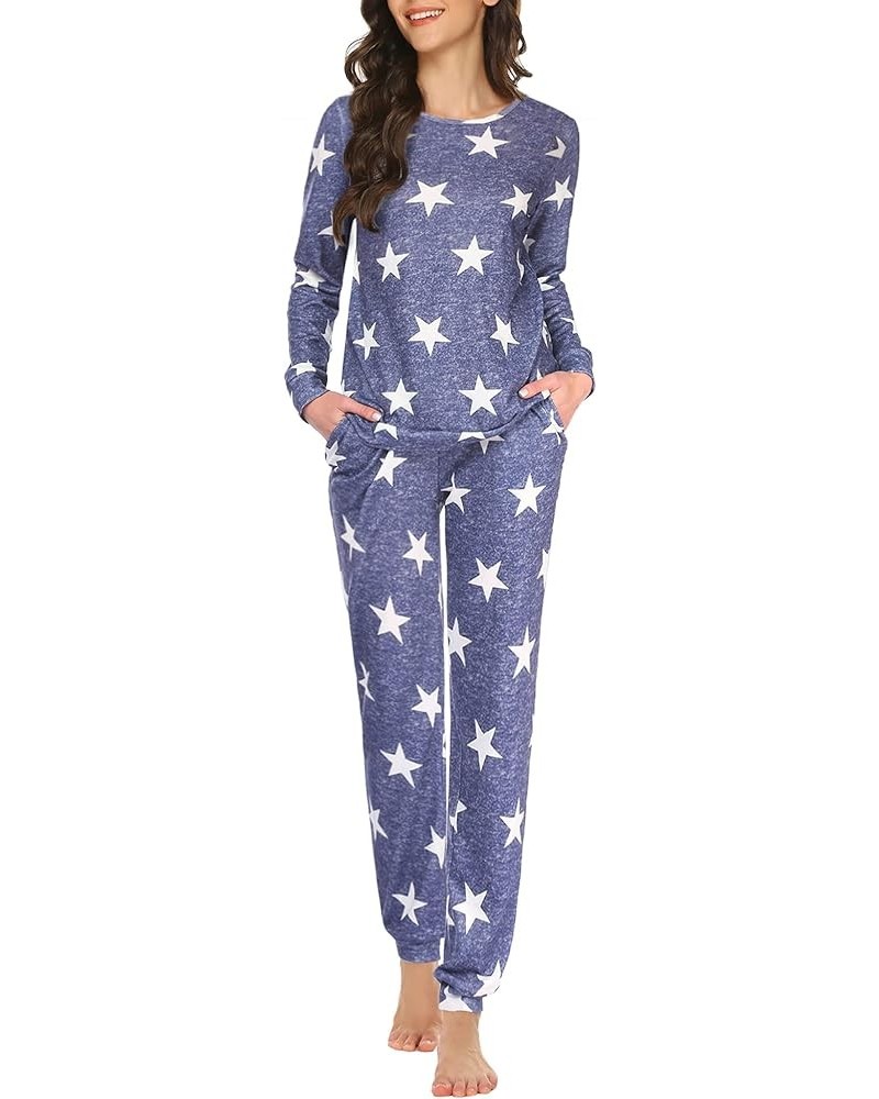 Womens Pajama Set Long Sleeve Sleepwear Star Print Nightwear Soft Pjs Lounge Sets with Pockets Long-blue White Star $20.99 Sl...